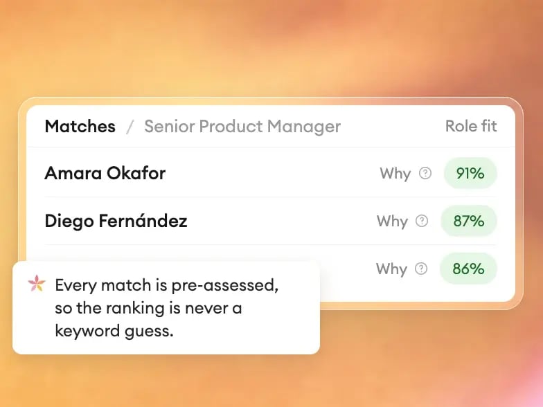 Alva match list for a Product Manager role, showing three pre-assessed candidates with role fit scores of 91, 87 and 86 percent.