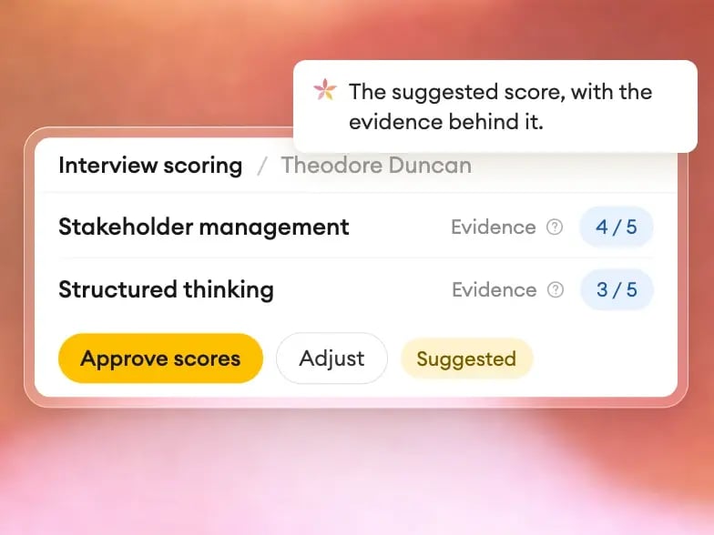Alva interview scoring panel for a candidate, with suggested scores of four and three out of five against the role criteria, awaiting the hiring team’s approval.