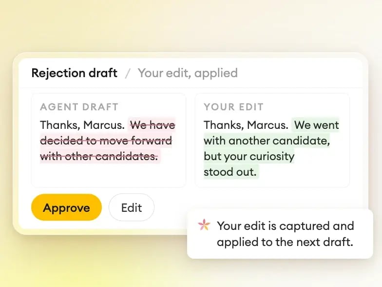 Alva Labs rejection draft shown before and after a recruiter’s edit where a generic line is replaced with a specific one citing the candidate’s data reasoning result, and the change is applied to the next draft. Annotation: your edit is captured and applied to the next draft.