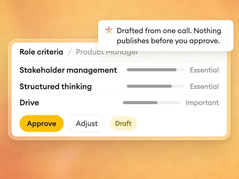 Alva role criteria panel for a Product Manager, listing stakeholder management, structured thinking and drive with importance levels, marked as a draft awaiting approval.
