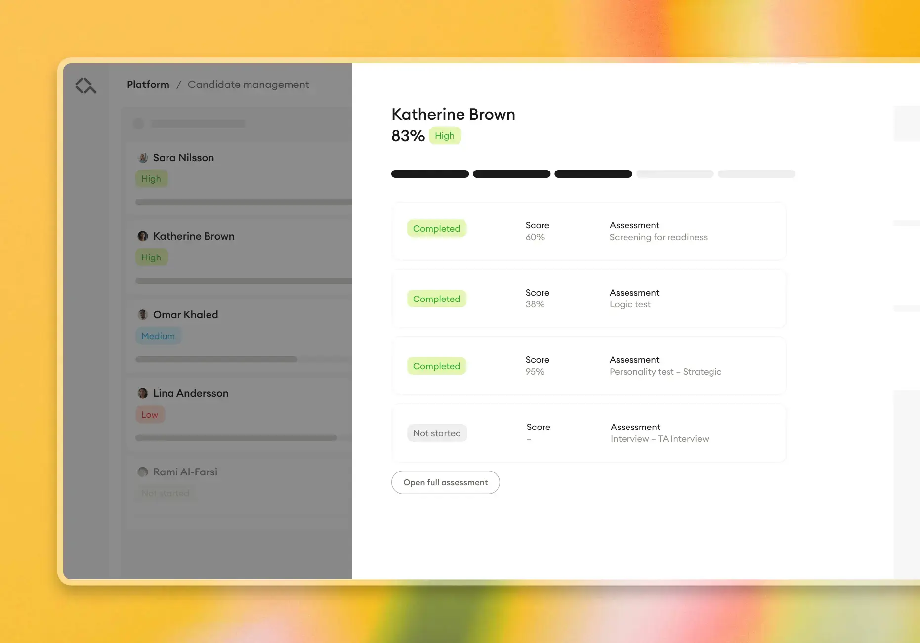 Alva candidate management dashboard showing candidate pipeline with assessment scores