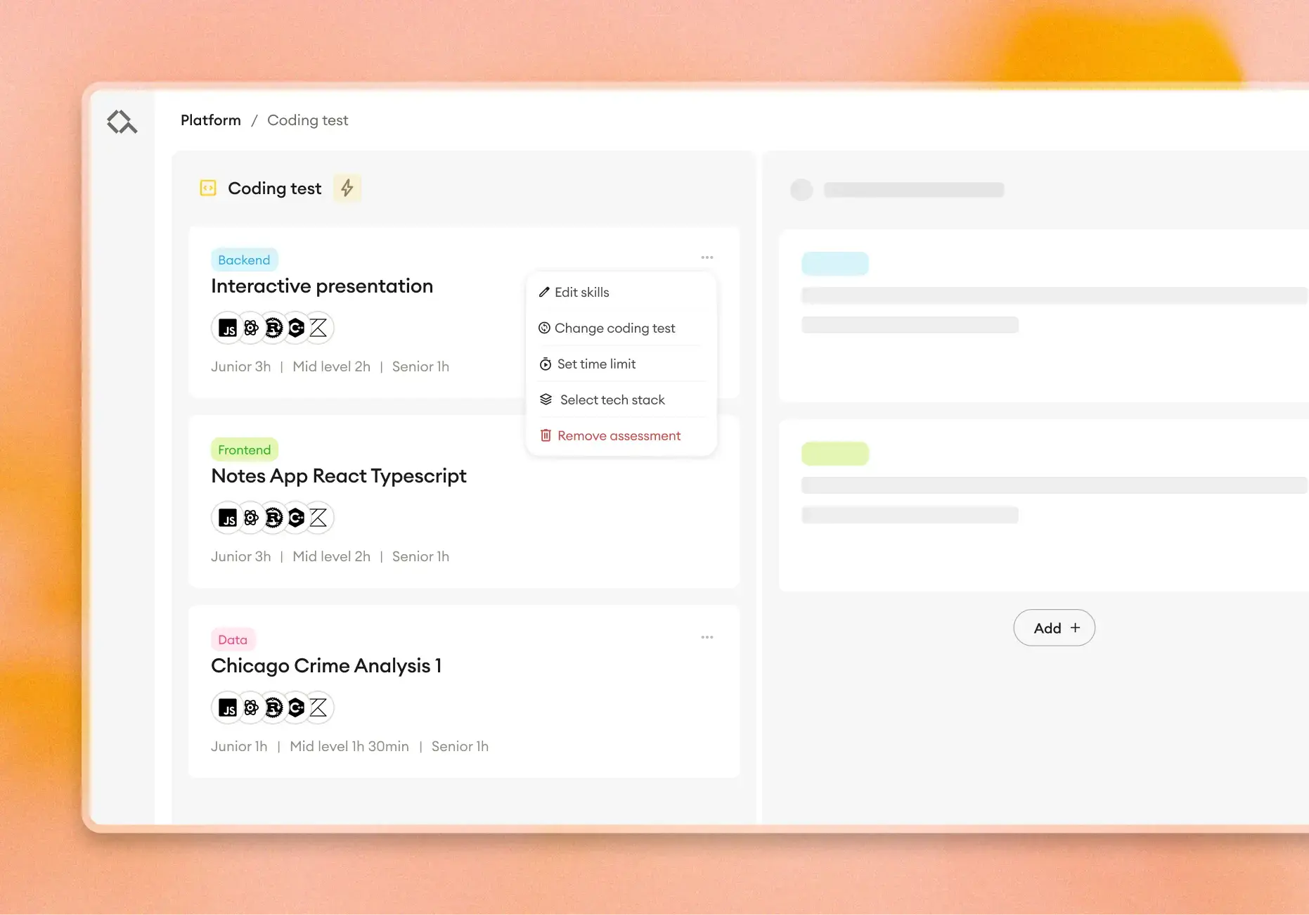 Alva coding test platform interface showing test library with Backend, Frontend, and Data coding challenges