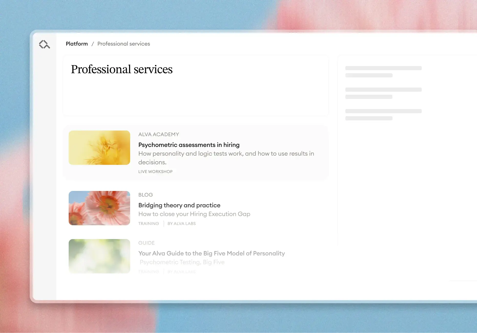 Alva professional services platform interface